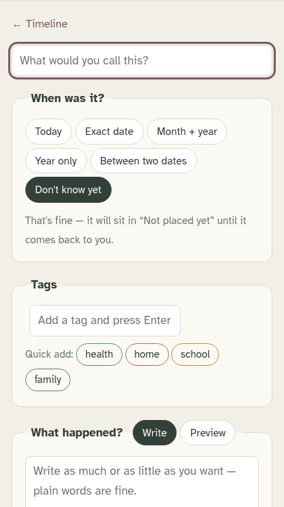 The entry editor: title, date choices, tags and writing space