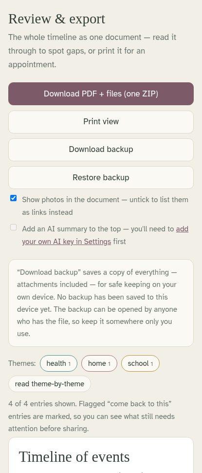 Review & export: the timeline as one document with export buttons