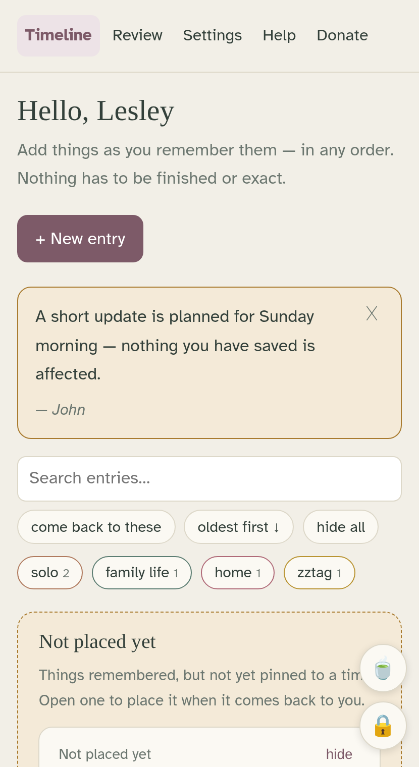 The timeline on a phone: search, filters, and entries grouped by year